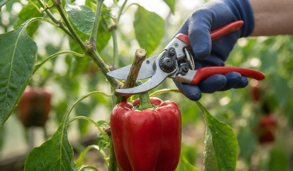 Using a clean pair of pruning shears to harvest a ripe red bell pepper by cutting the stem half an inch above the fruit.