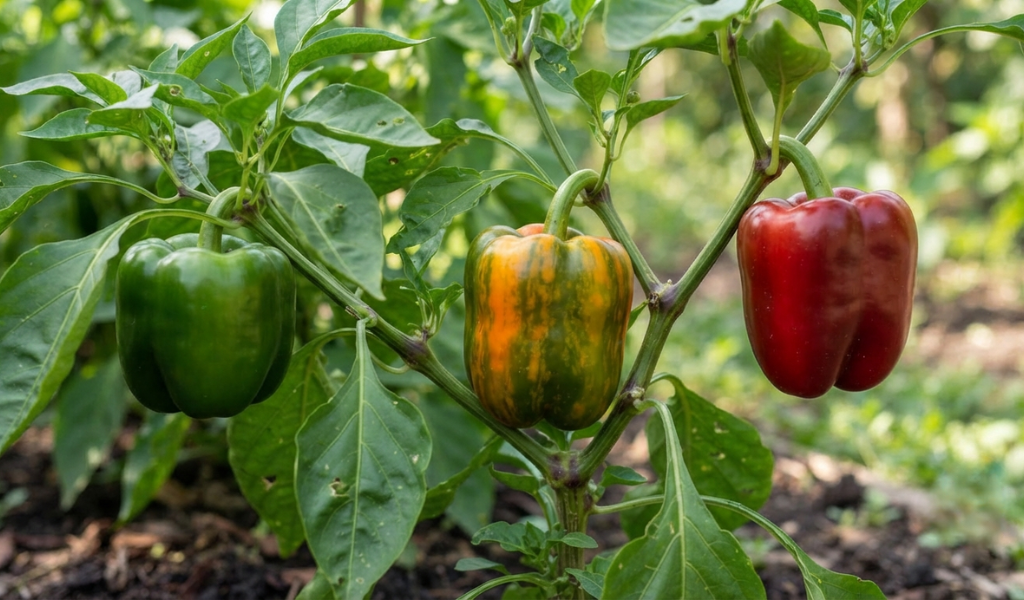 A pepper plant displaying peppers at three different stages of ripeness: green, transitioning, and fully red.