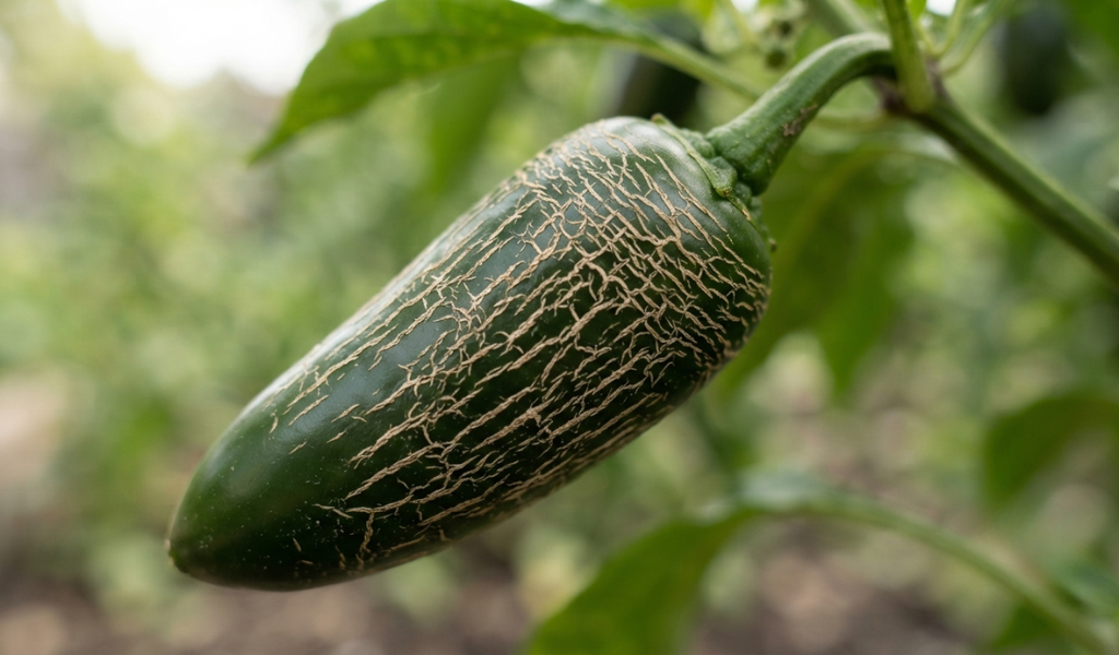 A close-up of a jalapeño pepper showing light tan corking streaks on its skin, a reliable sign of maturity.