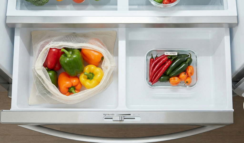 Organized storage of fresh peppers in a refrigerator crisper drawer, using breathable bags and containers for long-term freshness.