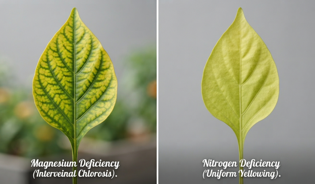 A side-by-side comparison of pepper leaves showing magnesium deficiency (yellowing between veins) versus nitrogen deficiency (uniform yellowing).