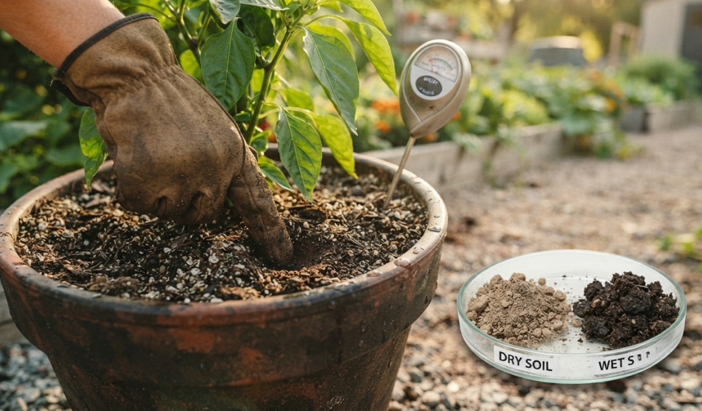 A close-up of a gardener using the "finger test" to check soil moisture in a pepper plant container to prevent overwatering.