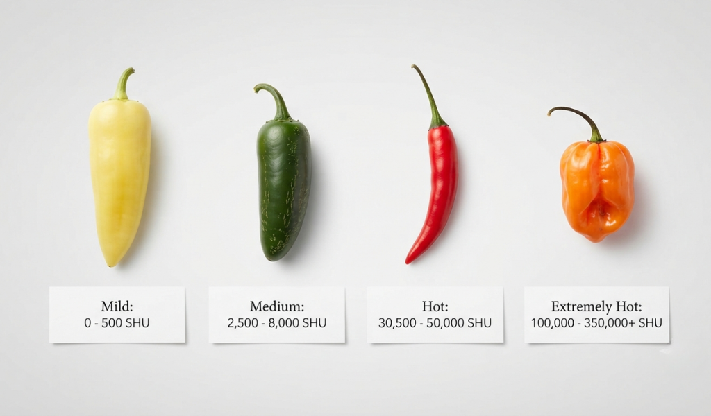 A visual progression of different pepper varieties arranged by their Scoville Heat Units, showing the range from mild banana peppers to intense habaneros.