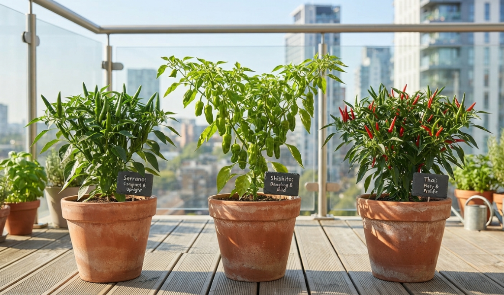A variety of hot pepper plants thriving in terracotta containers on a sunny balcony, showcasing ideal container gardening.