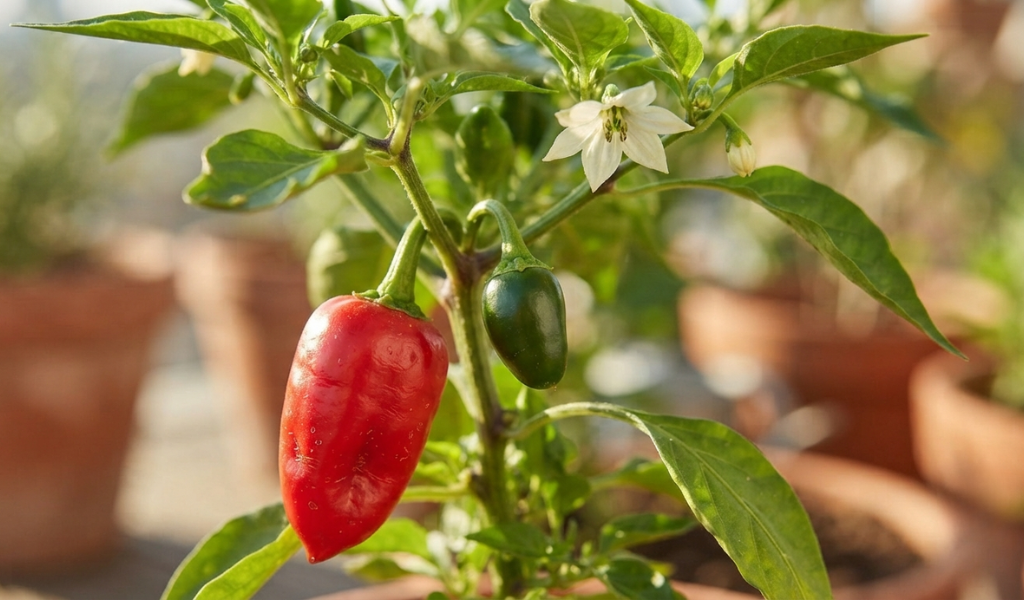 A close-up of a pepper plant branch showing fruit at different stages of maturity, from early flowers to fully ripe, harvest-ready peppers.