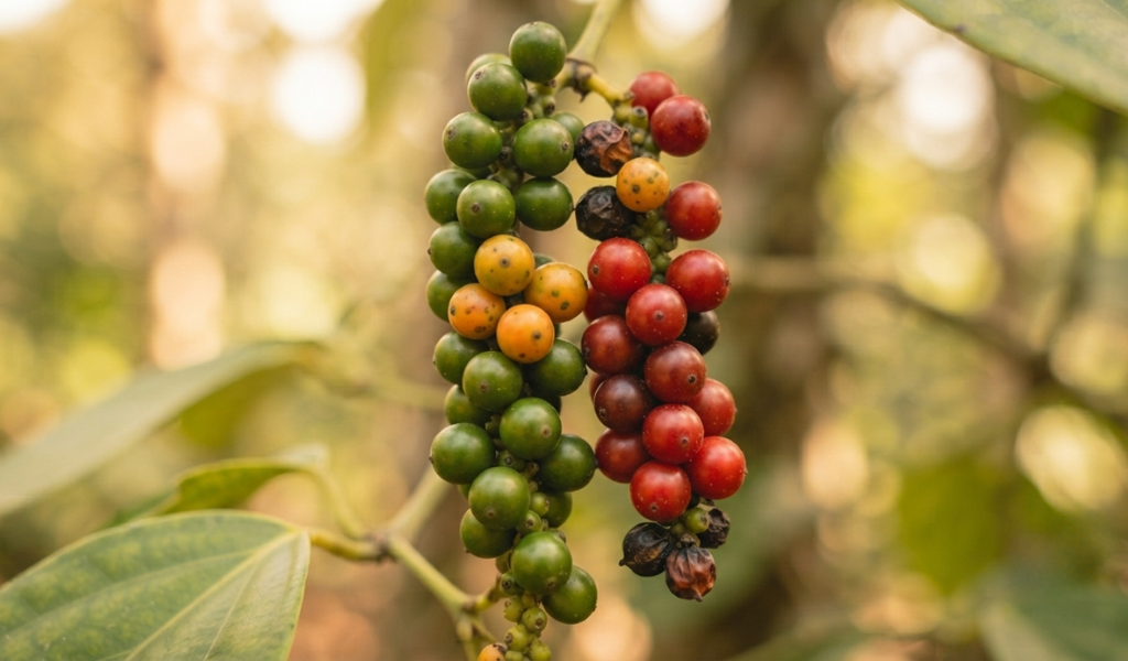 A close-up of a peppercorn cluster showing berries at various stages of ripeness, from green to yellow and red.