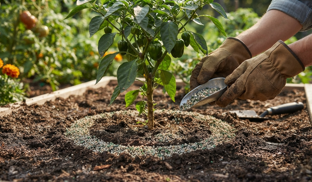 Applying granular fertilizer to a garden pepper plant by sprinkling it evenly around the drip line to ensure proper nutrient absorption.