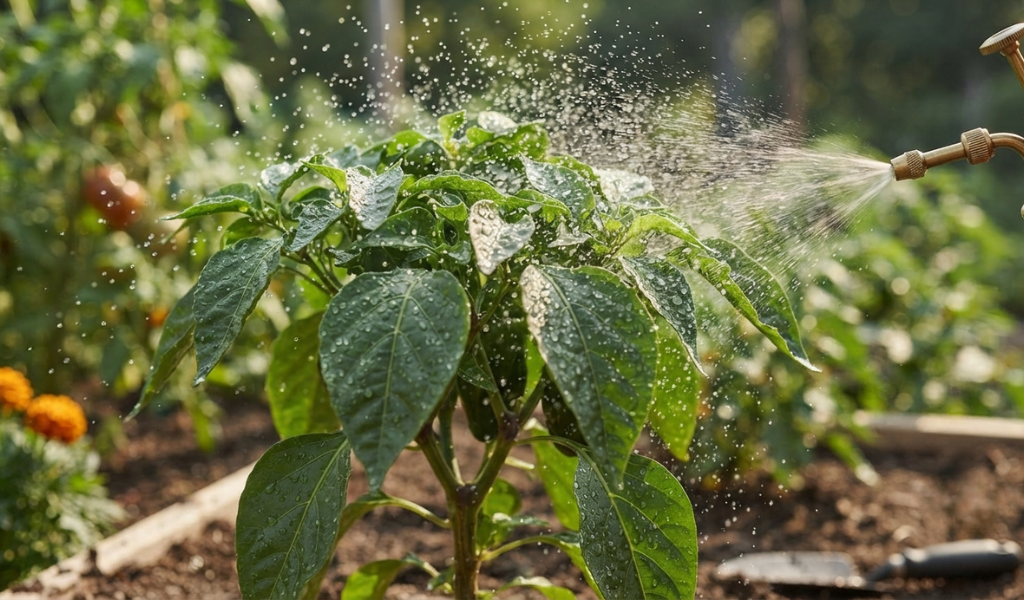 A close-up of a gardener applying a liquid fertilizer mist to the leaves of a pepper plant for rapid nutrient absorption.