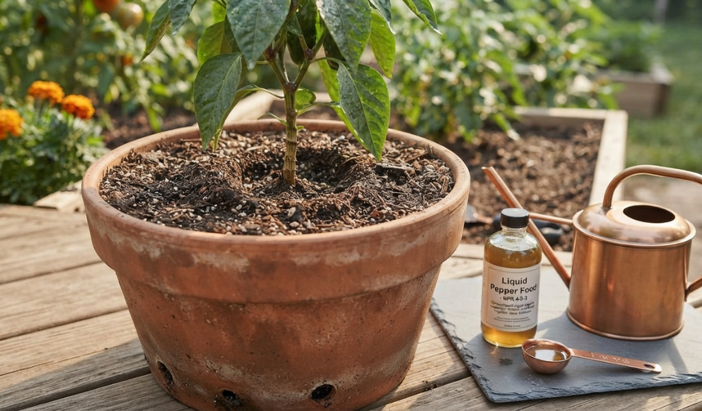 A healthy pepper plant thriving in a container, illustrating the ideal setup for regular liquid fertilization.
