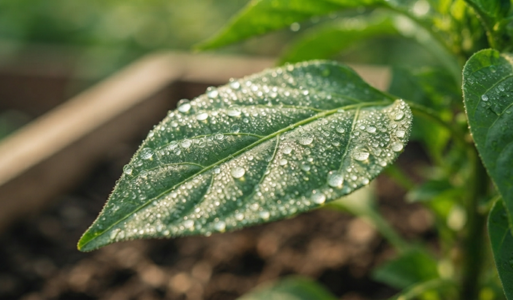A close-up of a pepper plant leaf covered in fine mist from a liquid fertilizer foliar spray.