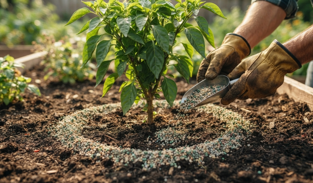 Demonstrating the correct technique for applying granular fertilizer to a pepper plant by spreading it around the drip line.
