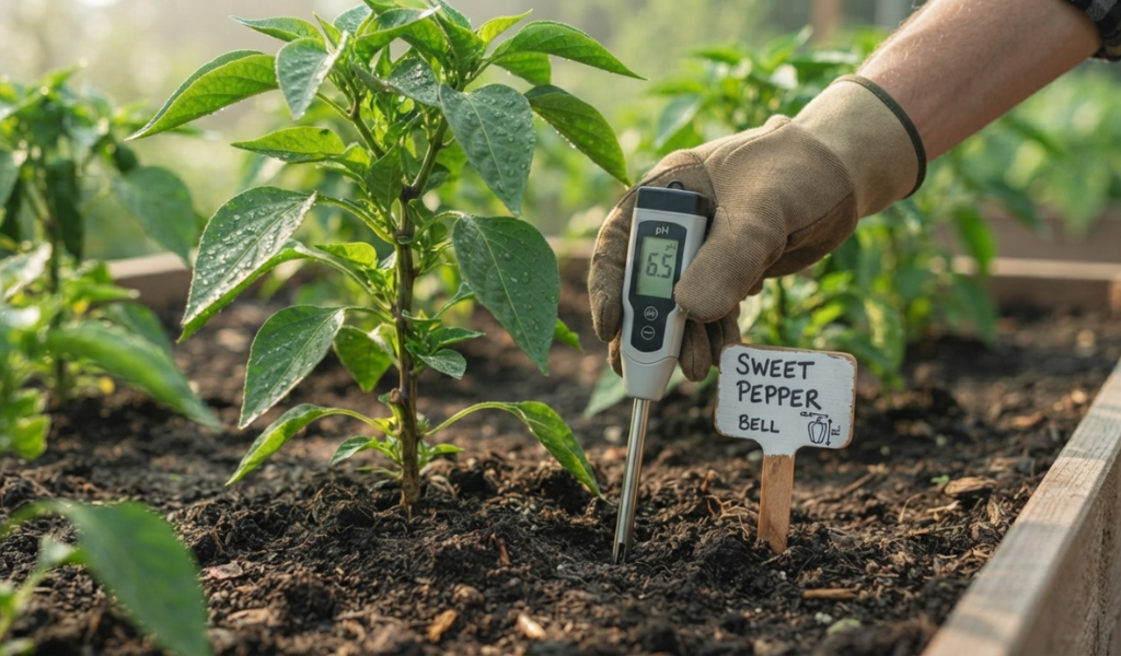 A gardener using a digital soil pH probe at the base of a pepper plant to ensure optimal growing conditions.
