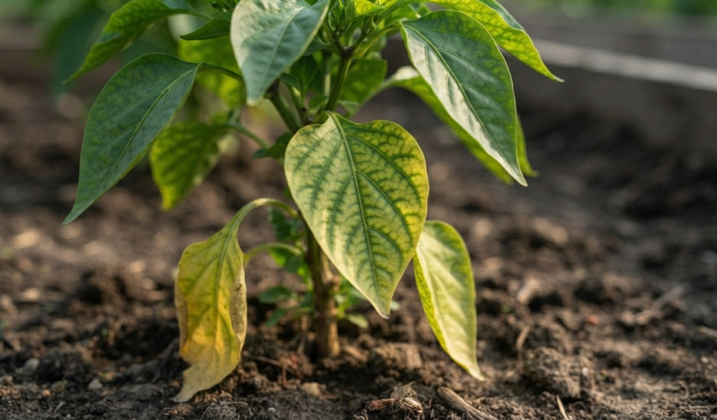 A macro photograph of a pepper plant leaf showing classic signs of nitrogen deficiency, with distinct yellowing between the green veins on older foliage.