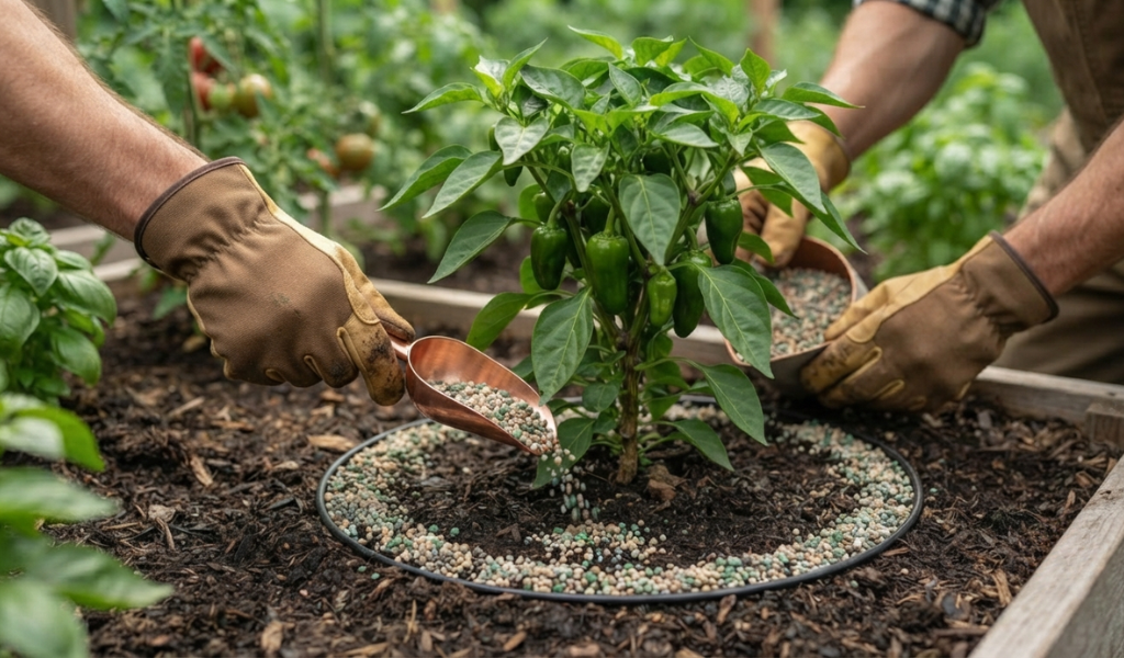 Close-up of a gloved hand using a scoop to apply granular fertilizer in a ring around the drip line of a thriving, young pepper plant in rich garden soil.
