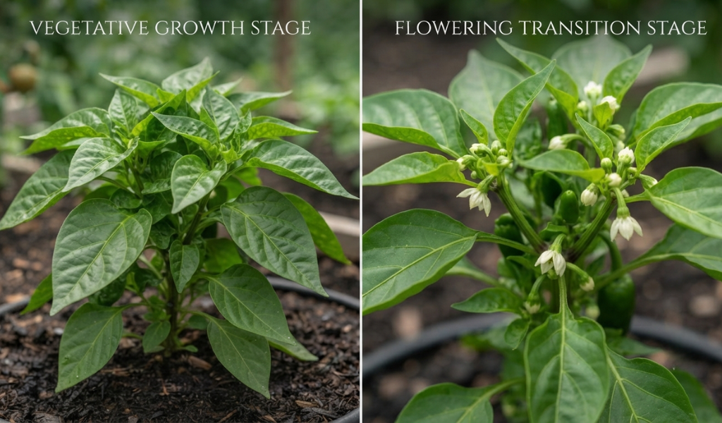 A comparative image showing the transition of a pepper plant from vegetative growth (left, strictly leafy) to the flowering stage (right, showing small white buds), indicating the time to switch fertilizers.