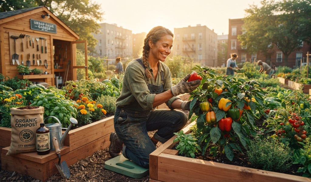 Female gardener tending to a thriving pepper plant in a raised garden bed at sunrise, surrounded by lush foliage and ripe peppers, representing successful organic gardening.
