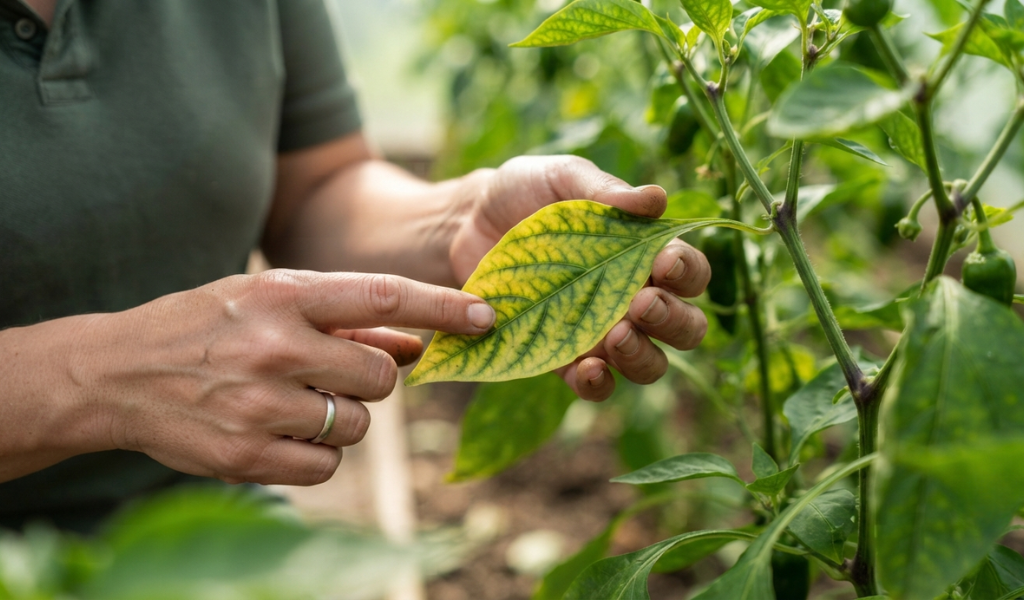 A female gardener pointing to a pepper leaf showing symptoms of nutrient deficiency, specifically interveinal chlorosis, to help identify when plants need feeding.