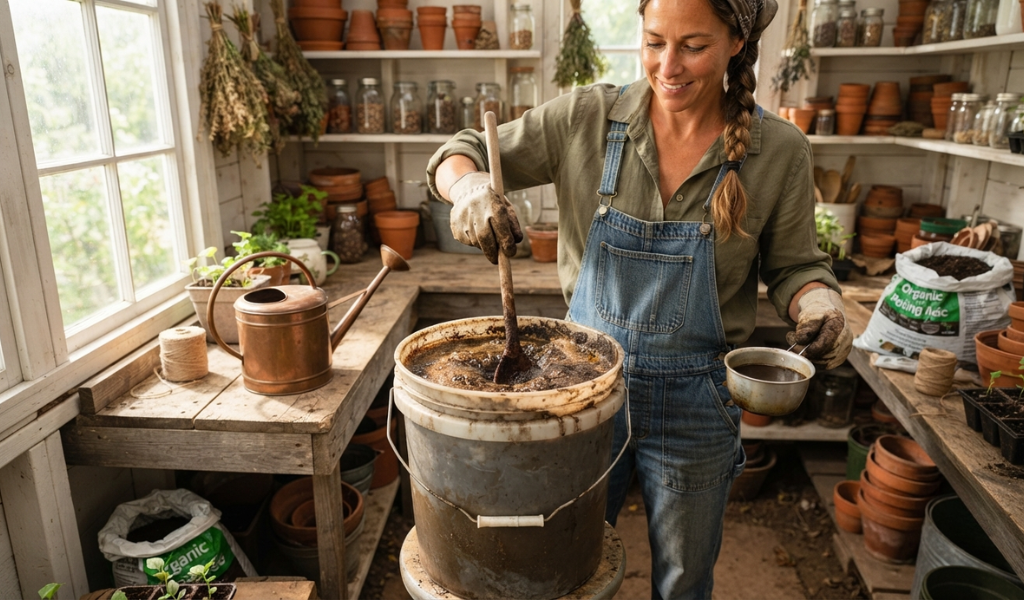 A female gardener stirring a bucket of homemade compost tea, illustrating the process of creating nutrient-rich liquid fertilizer for organic pepper gardening.