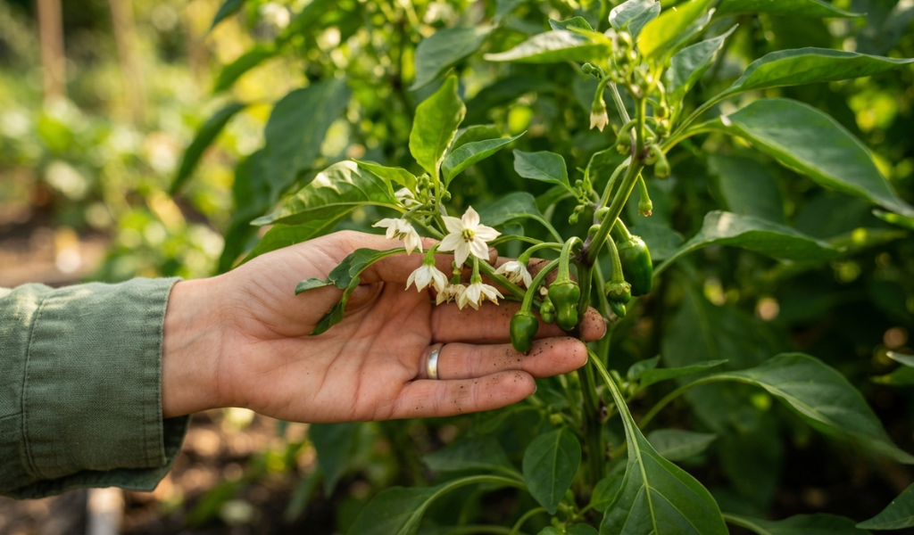 A female gardener showing the flowering and fruit-setting stage of a pepper plant, highlighting the critical time to switch to a phosphorus and potassium-rich fertilizer.