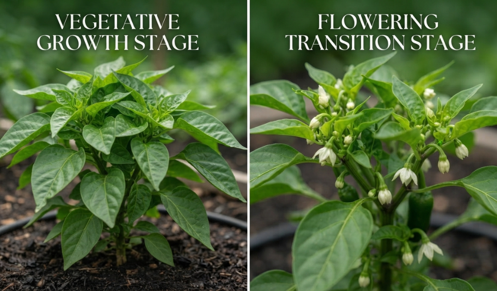 A comparative image showing the transition of a pepper plant from vegetative growth (left, strictly leafy) to the flowering stage (right, showing small white buds), indicating the time to switch fertilizers.