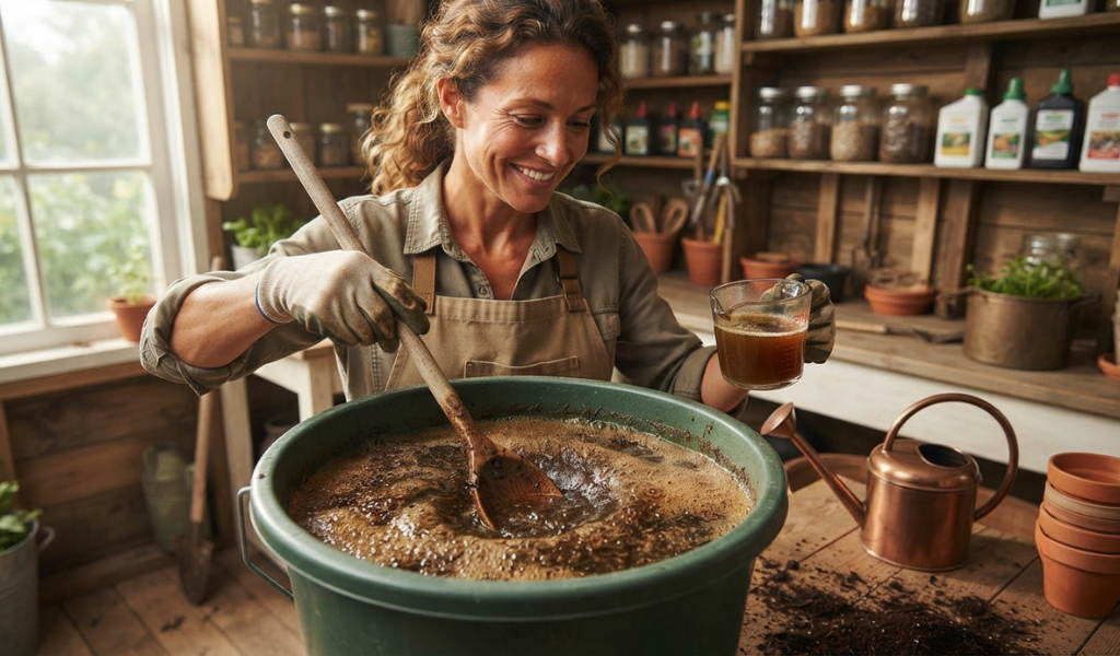 A female gardener stirring a bucket of homemade compost tea, illustrating the process of creating nutrient-rich liquid fertilizer for pepper gardening.