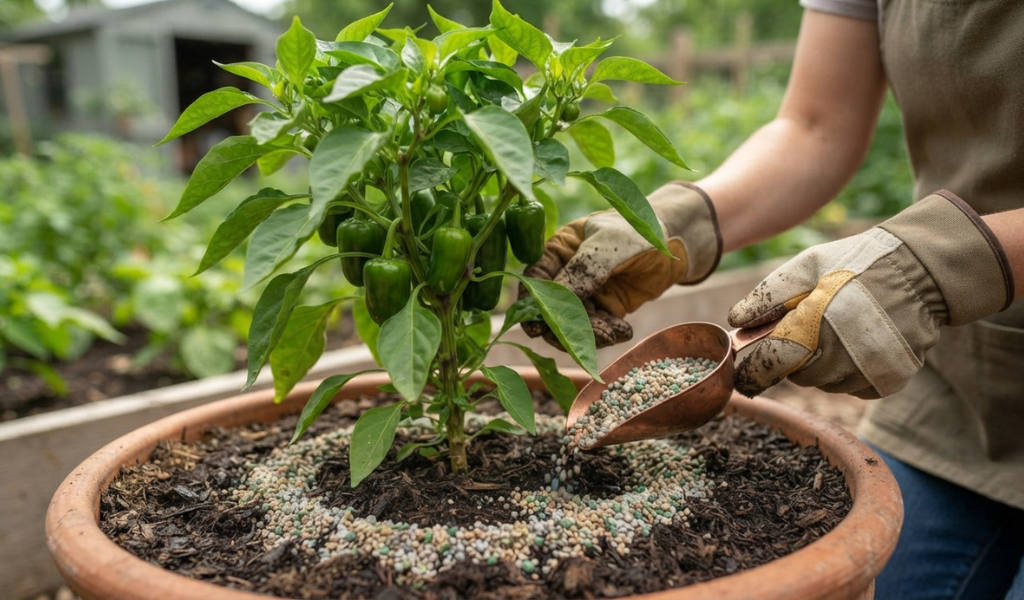 A female gardener applying granular fertilizer to the base of a container-grown pepper plant, demonstrating the correct side-dressing technique to avoid root burn.
