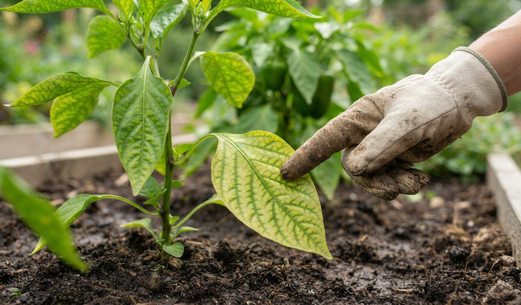 A female gardener pointing to a pepper leaf showing symptoms of nitrogen deficiency, specifically interveinal chlorosis, to help identify when plants need feeding.