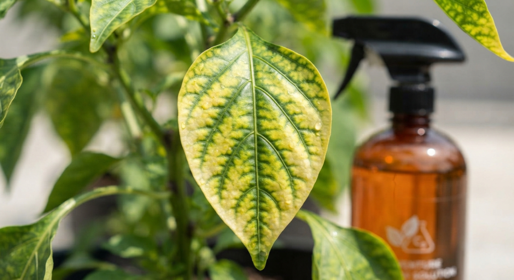 Close-up of a pepper plant leaf exhibiting signs of nutrient deficiency, positioned next to a spray bottle prepared for foliar treatment.
