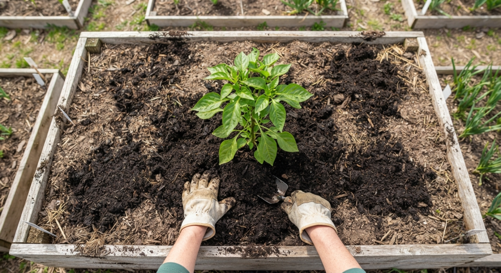 A gardener incorporating rich, organic compost into garden soil around a pepper plant to improve nutrient absorption and soil structure.