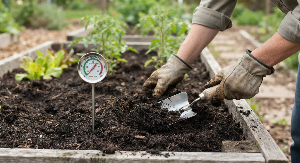 A gardener preparing rich, compost-amended soil in a garden bed with a soil thermometer to check that temperatures are ideal for pepper planting.
