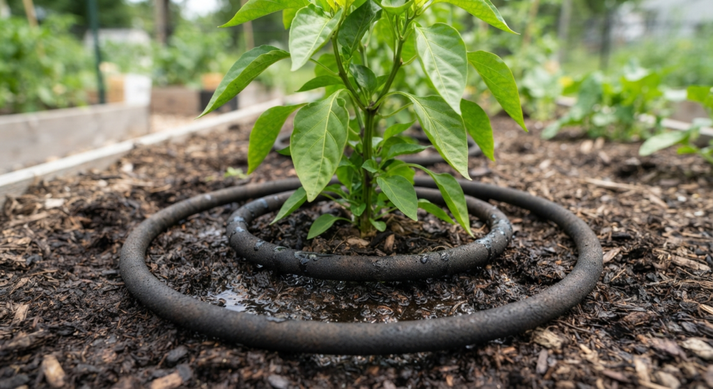 : A soaker hose delivering water directly to the base of a pepper plant to keep the roots hydrated while keeping the leaves dry to prevent disease.