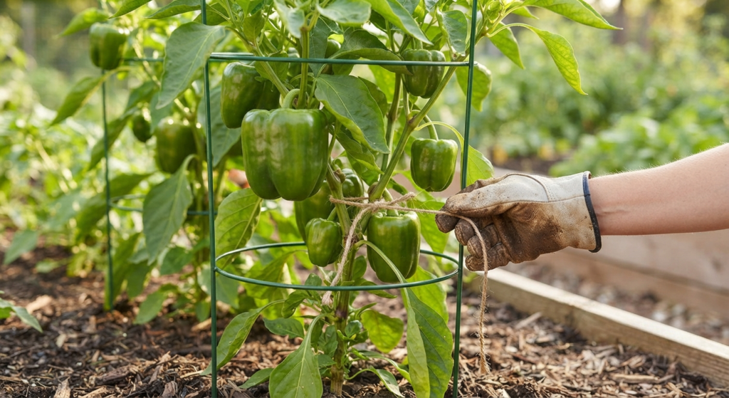 A bell pepper plant supported by a tomato cage and soft garden twine, demonstrating how to prevent stem breakage and improve airflow for heavy fruit.