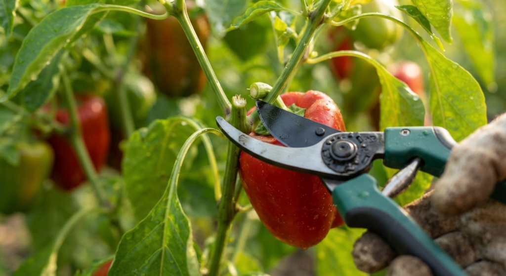 A gardener using sharp pruning shears to harvest a mature red pepper, showcasing the correct technique to avoid damaging the plant's branches.