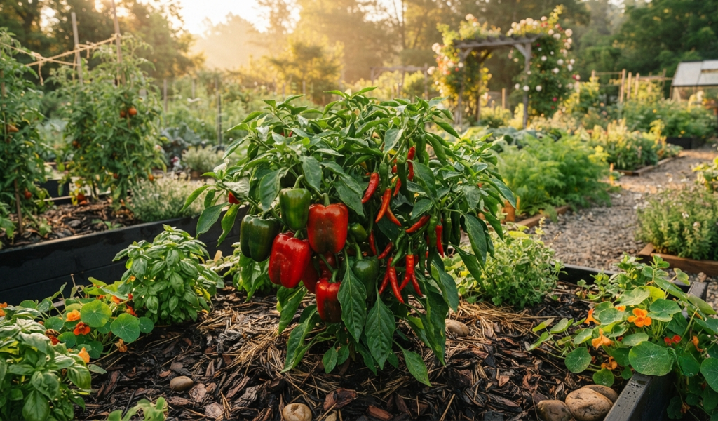 A vibrant, healthy pepper plant growing in a well-tended home garden, showcasing a mix of ripening bell and chili peppers in a sunlit setting.