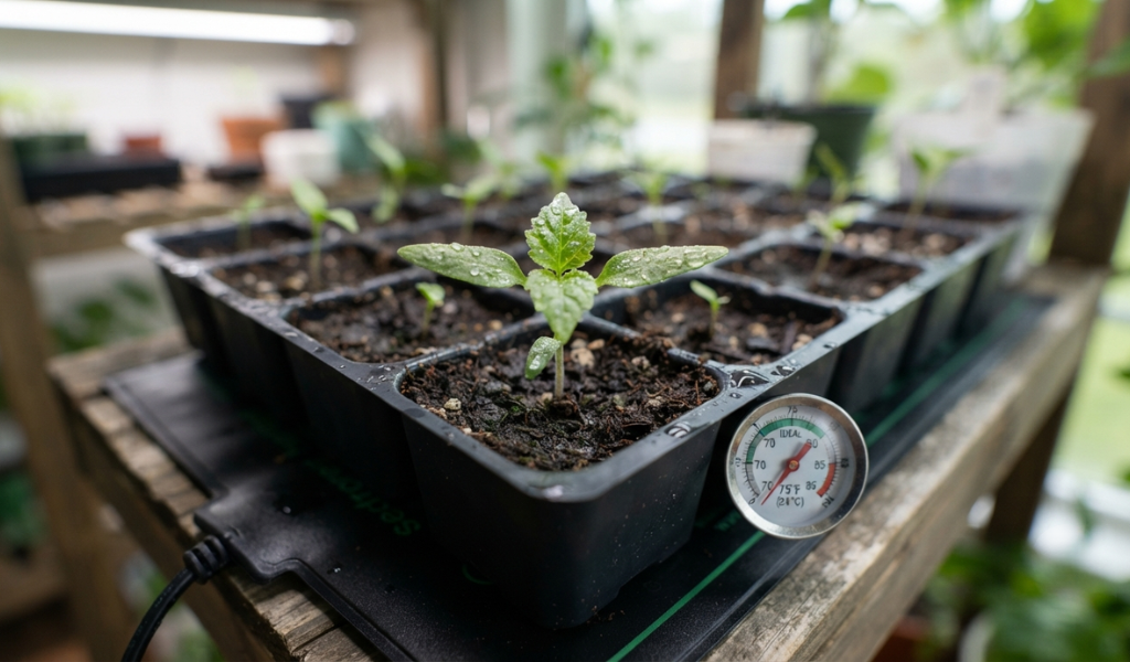 A close-up of a young pepper seedling growing in a cell tray, with a seedling heat mat and thermometer placed underneath to ensure optimal germination temperature.