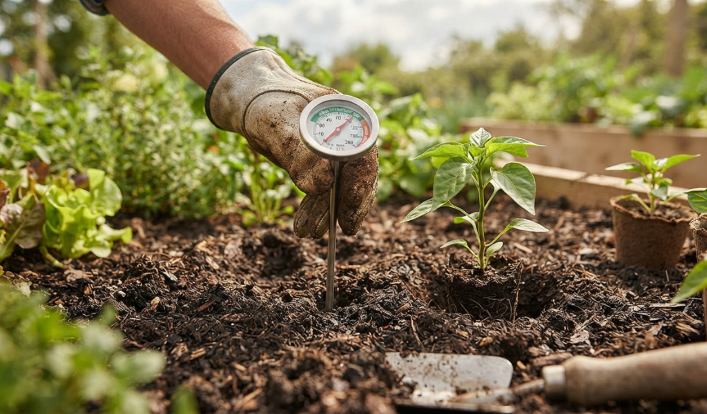 A gardener checking the soil temperature with a thermometer before transplanting a pepper seedling into a prepared garden bed.