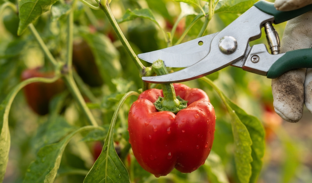 A close-up view of a gardener using professional shears to harvest a ripe pepper from the plant, ensuring a clean cut to avoid damaging the stem.