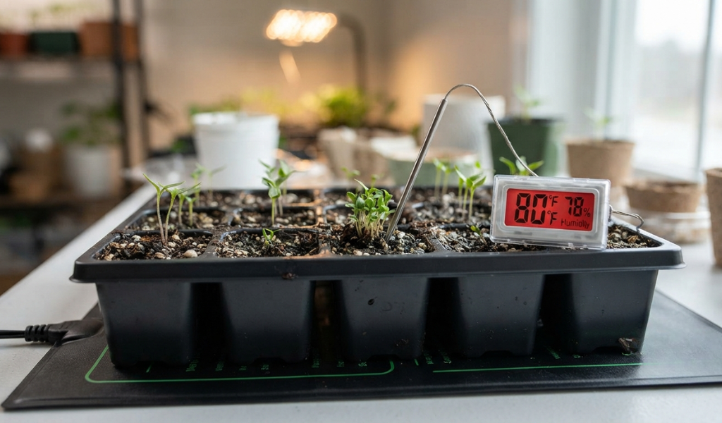 A seedling heat mat placed under a tray of pepper seeds with a thermometer probe showing the ideal temperature for germination.