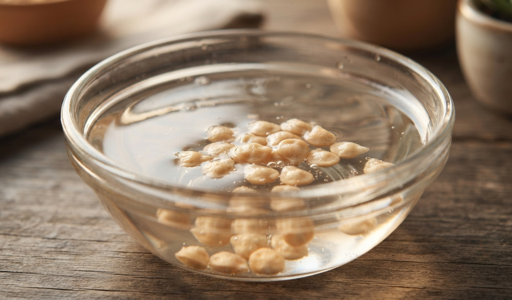 Pepper seeds soaking in a small bowl of warm water to soften the seed coat and speed up the germination process