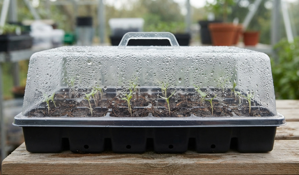 A seed starting tray covered with a clear humidity dome, showing visible condensation that maintains the required moisture for pepper seed germination.