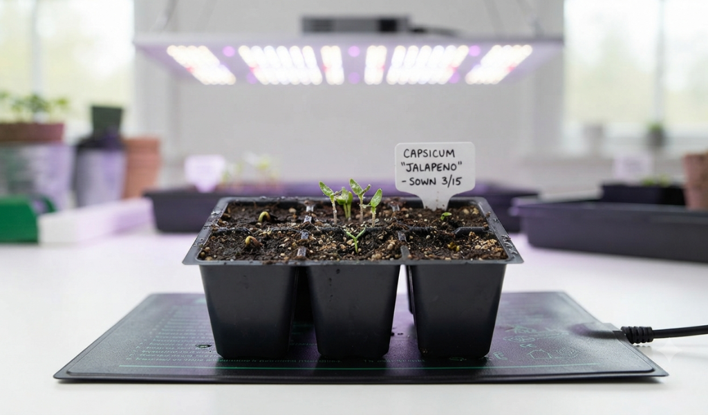 Newly sprouted pepper seedlings in a seed-starting tray, set on a heat mat to provide the warmth needed for germination.