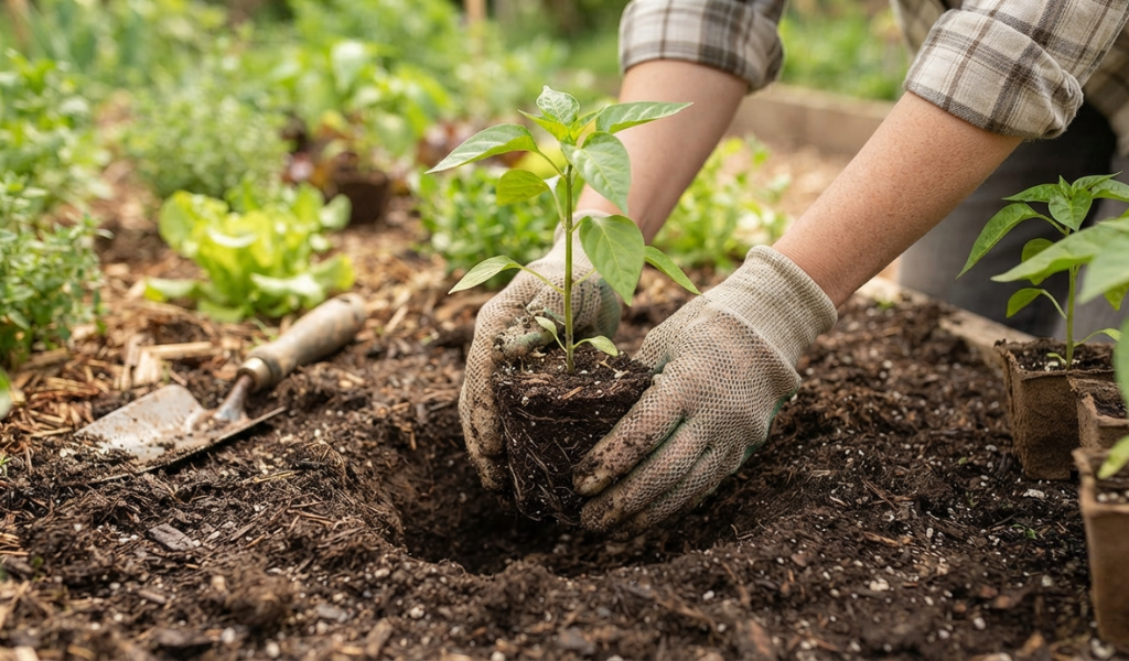 A gardener carefully transplanting a pepper seedling into a prepared garden bed, ensuring the plant is at the correct depth.