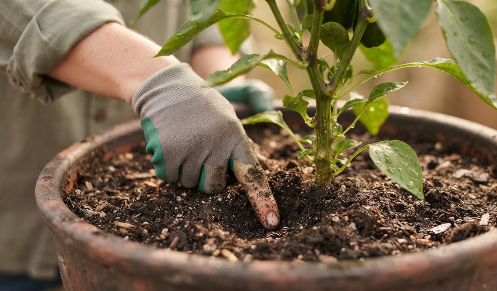 : A gardener checking soil moisture by pressing a finger into the dirt to ensure the pepper plant receives the correct amount of water.