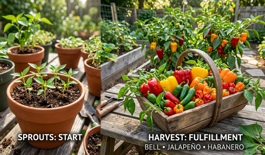 Vibrant young pepper seedlings growing in pots next to a basket of freshly harvested red, yellow, and green peppers under warm sunlight