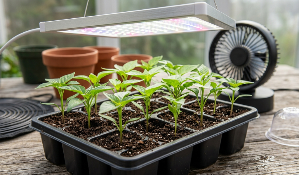 Healthy green pepper seedlings growing compactly under a close, bright LED grow light indoors.
