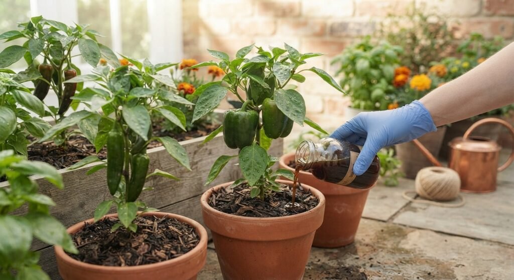 Potted pepper plants growing in a bright container garden setup.