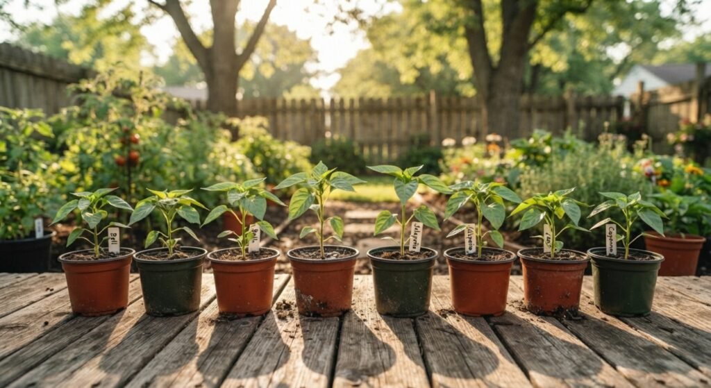 Young potted pepper seedlings hardening off outdoors on a wooden deck.