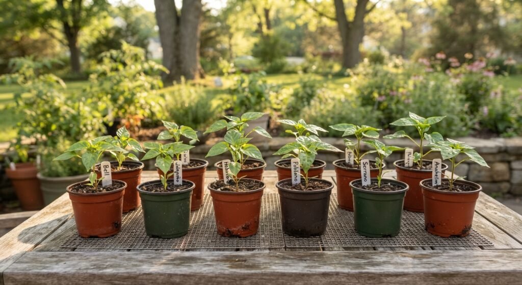 Young pepper seedlings placed outdoors on a patio table for hardening off.