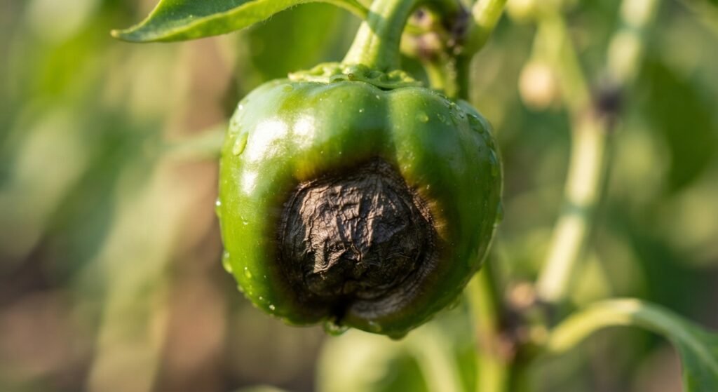 Close-up of a developing pepper displaying symptoms of blossom end rot.