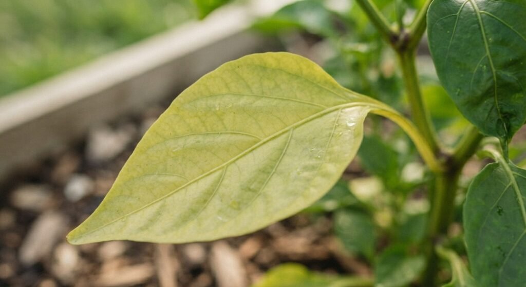 Close-up of a pepper plant leaf showing signs of nitrogen deficiency with pale yellowing.